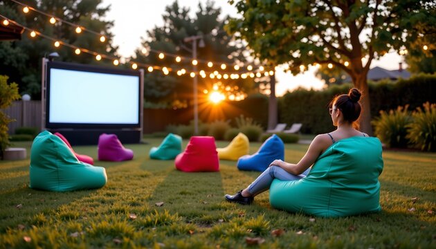 An outdoor leisure setting during twilight. There is a person sitting on a bean bag chair with their legs crossed, seemingly engrossed in watching content on a screen located to their left