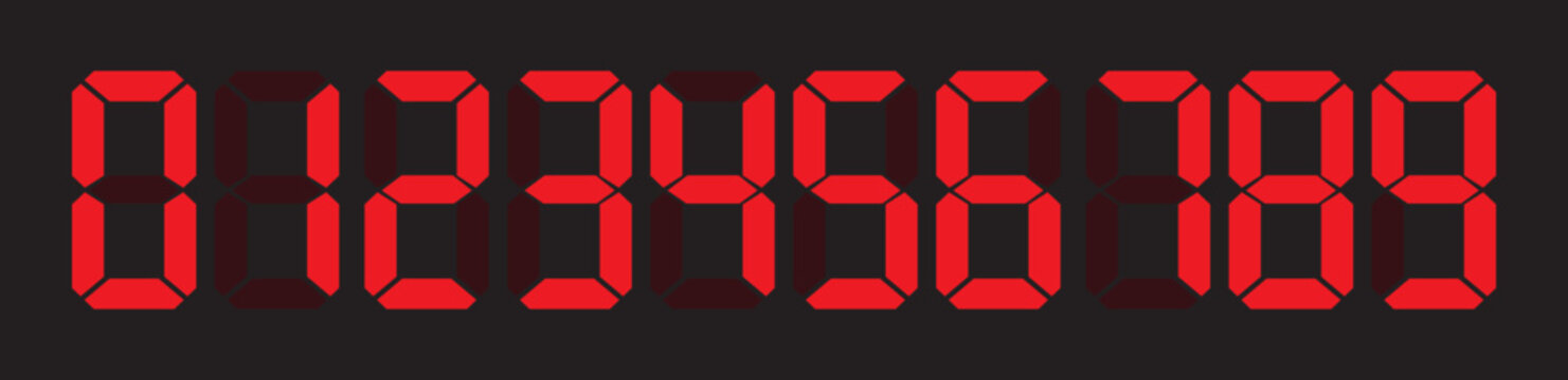 Digital electronic figures icon. Seven segment display font vector, LED and LCD scoreboard red style digits, countdown timer and clock screen symbol illustration isolated on transparent background.