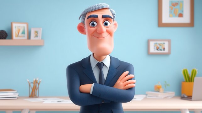 Confident 3D animated businessman with silver hair in navy suit standing with arms crossed in modern blue office with framed artwork and desk setup - Powered by Adobe