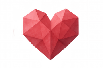 Vibrant red geometric heart representing emotional connection, floating against transparent backdrop, ideal for romantic graphic design