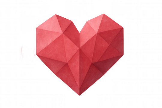 Vibrant red geometric heart representing emotional connection, floating against transparent backdrop, ideal for romantic graphic design