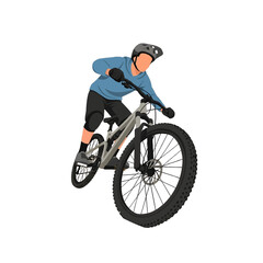 Fototapeta premium Pixelated Illustration of a Mountain Biker in Blue Shirt and Gray Helmet Riding Silver Bike on White Background