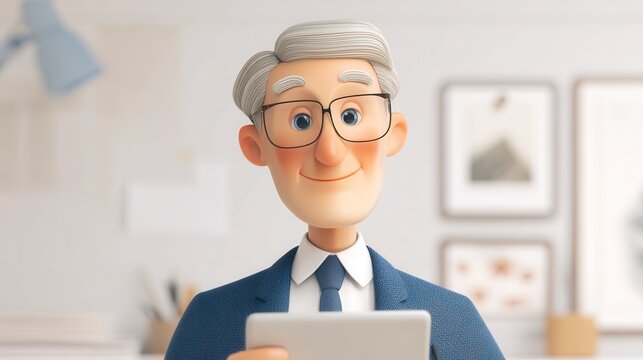 Friendly 3D cartoon senior businessman with glasses and gray hair using tablet in modern office with blurred background and framed artwork