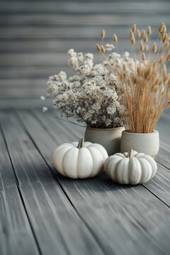 Minimalist fall white and sage pumpkins arranged on a grey wooden floor mums and dried wheat in ceramic pots
