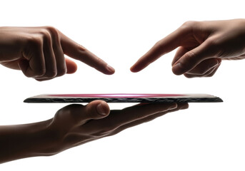 Close-up of two clean adult hands, one supporting a maroon slate, other finger hovering above on transparent with copy space, cinematic lighting, sharp focus, ancient wisdom and mystery