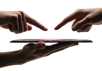 Close-up of two clean adult hands, one supporting a maroon slate, other finger hovering above on transparent with copy space, cinematic lighting, sharp focus, ancient wisdom and mystery