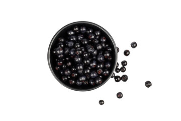 black aronia chokeberries in black bowl top view isolated on white or transparent png