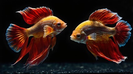 Fototapeta premium The moving moment of beautiful yellow and red fish, vibrant aquatic life, exotic underwater species, tropical aquarium beauty in motion