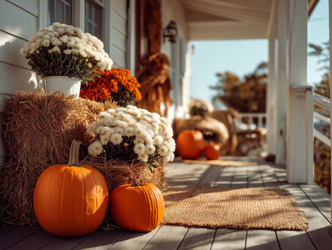 Cozy fall house featuring a front door and porch adorned with a festive autumn wreath, flower pots, and pumpkins