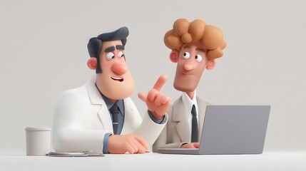 Engaged 3D cartoon businessmen discussing ideas while working on laptop in modern office setting, perfect for corporate training or teamwork concept