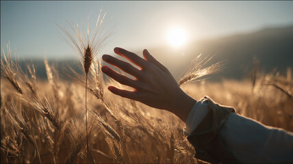 女性が逆光の中で穂をそっと撫でる夕景