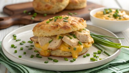 Golden Chicken And Melted Cheese Breakfast Scone Topped With Fresh Chives, Served Warm And Savory For A Hearty Morning Meal Full Of Comfort And Delicious Flavor