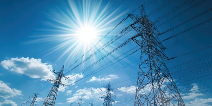 The transmission towers and power lines under a radiant sunburst in a clear blue sky - Powered by Adobe