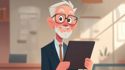 Friendly animated elderly businessman with glasses and white beard using tablet in modern office with warm lighting and free copy space