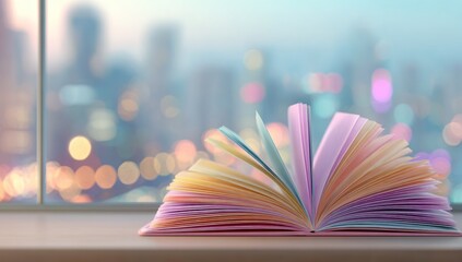 Open pastel book, city backdrop