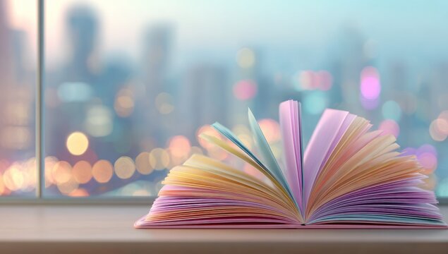 Open pastel book, city backdrop
