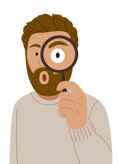 Curious bearded man holding a magnifying glass, surprised expression, exploring or searching for clues. Flat vector illustration in modern style.