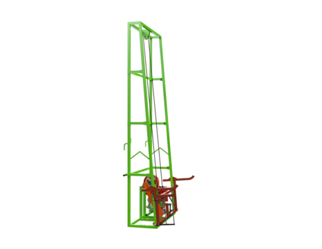 Detailed 3D model of a construction site vertical lift pulley system. Green heavy-duty material hoist mechanism isolated high-resolution PNG for physics, engineering,  automation technology concepts