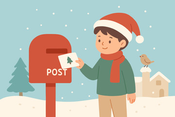 Boy wearing Santa hat sending Christmas card at mailbox in winter, flat design festive illustration.