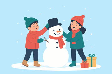 Children building a snowman together during snowy winter, flat design festive illustration.