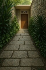 Obraz premium Stone path leads to a tranquil spa entrance. Lush greenery creates a serene and private atmosphere.