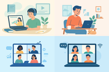 Flat illustration of students learning online with teacher using digital platforms for distance education.