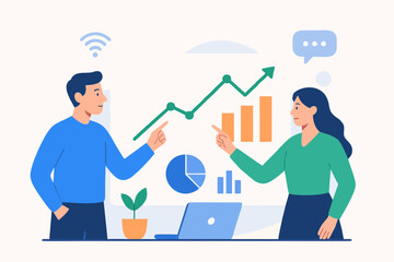  Illustration of business team analyzing charts and financial growth.
