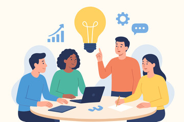 Flat illustration of diverse team brainstorming and generating business ideas.