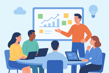  Illustration of office employees discussing business growth and analytics presentation.