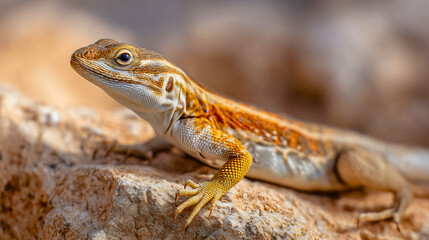 Fototapeta premium A close-up macro portrait of a wild lizard, a desert reptile basking on a hot rock, a curious creature with detailed scales and eye, a symbol of survival in a dry, arid environment.