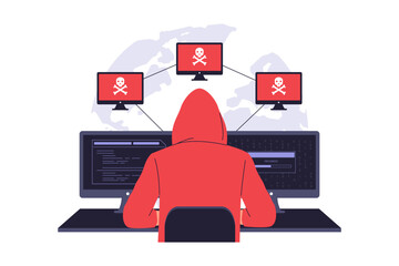 Illustration of Botnet Cyber Attack. Hacker Controlling a Network of Infected Computers, Launching a Coordinated Cyber Attack and Highlighting Cybersecurity Threats. Vector Flat Illustration