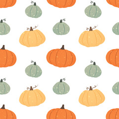 Seamless vector pattern with pumpkins. Fall squash ornament, bright colorful background. Warm cozy colors