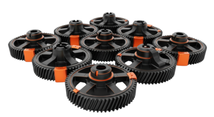 Matte black industrial gears with vibrant orange accents, intricate, arranged geometrically on a transparent studio background, advanced engineering concept
