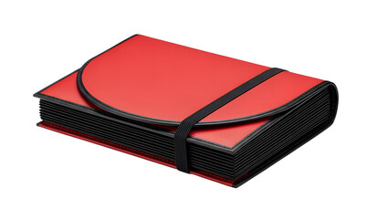 Red accordion file folder organizer document expanding a storage pocket with elastic closure for office use on transparent background