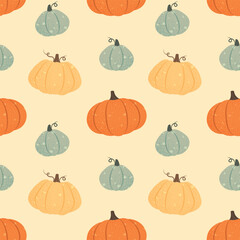 Seamless vector pattern with pumpkins. Fall squash ornament, bright colorful background. Warm cozy colors