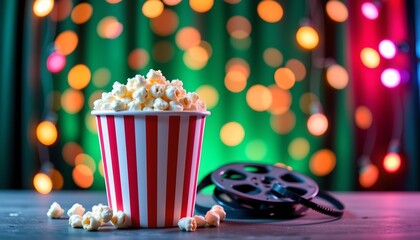 A festive holiday setting with a red and white striped popcorn container in the foreground accompanied by a film reel, placed on a table against a backdrop of colored lights and Christmas decorations.