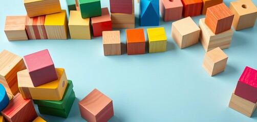 Colorful wooden stacking blocks on light blue background  Educational toy for fine motor skills,   wood blocks,   wooden pieces