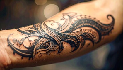 Ornamental tattoo sketch blending tribal motifs with abstract waves, highlighted under soft lighting to emphasize detail and depth.