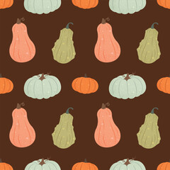 Seamless vector pattern with pumpkins. Fall squash ornament, bright colorful background. Warm cozy colors