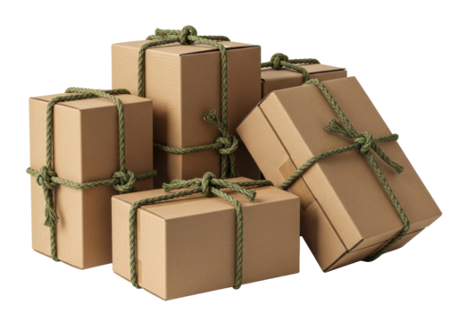 Four natural brown corrugated cardboard boxes with visible creasing, secured by olive green utility rope, on a transparent studio background with copy space. Concept of minimalist storage and