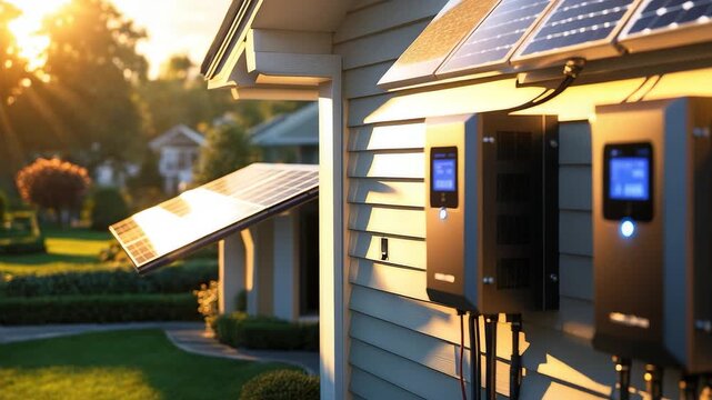 Solar Panels and Power Units on House Wall at Sunset with Green Lawn View