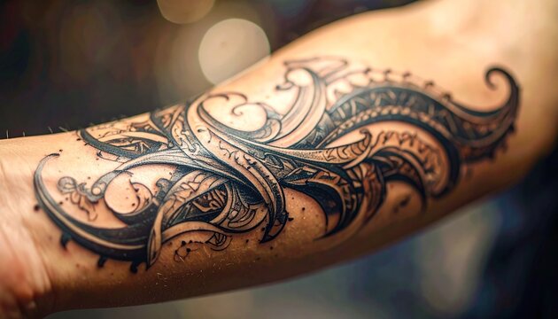 Ornamental tattoo sketch blending tribal motifs with abstract waves, highlighted under soft lighting to emphasize detail and depth.