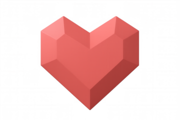 Low poly geometric heart displaying vibrant red color, symbolizing passionate love and romantic feelings against transparent backdrop