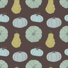 Seamless vector pattern with pumpkins. Fall squash ornament, bright colorful background. Brown, teal, blue colors