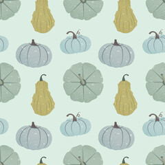 Seamless vector pattern with pumpkins. Fall squash ornament, bright colorful background. Teal, blue, green colors