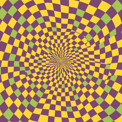 Abstract Checkered Pattern with Radial Distortion in Yellow Purple and Green for Modern Backgrounds and Creative Art Designs