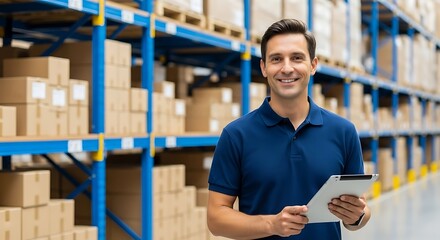 A warehouse worker, smiling and holding a tablet, stands amidst numerous boxes on shelves in a well-lit, organized warehouse.