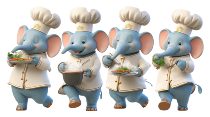 Four cute blue cartoon elephant chefs cooking and serving various fresh dishes transparent background