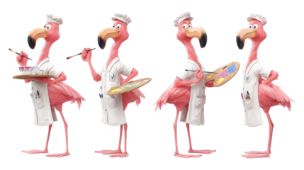 Four pink flamingo cartoon artists wearing chef hats and lab coats holding brushes and