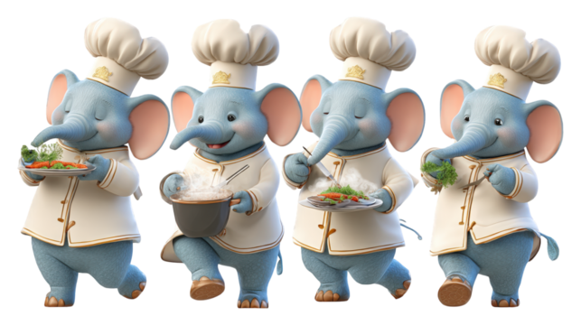 Four cute blue cartoon elephant chefs cooking and serving various fresh dishes transparent background